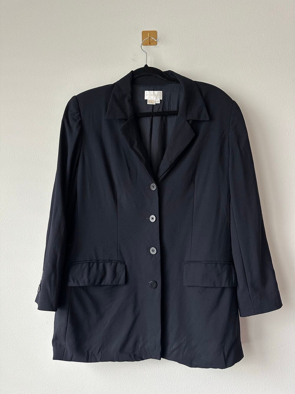 Vintage 90s Navy Blue Wool Blazer Longline Minimalist Power Dressing 14